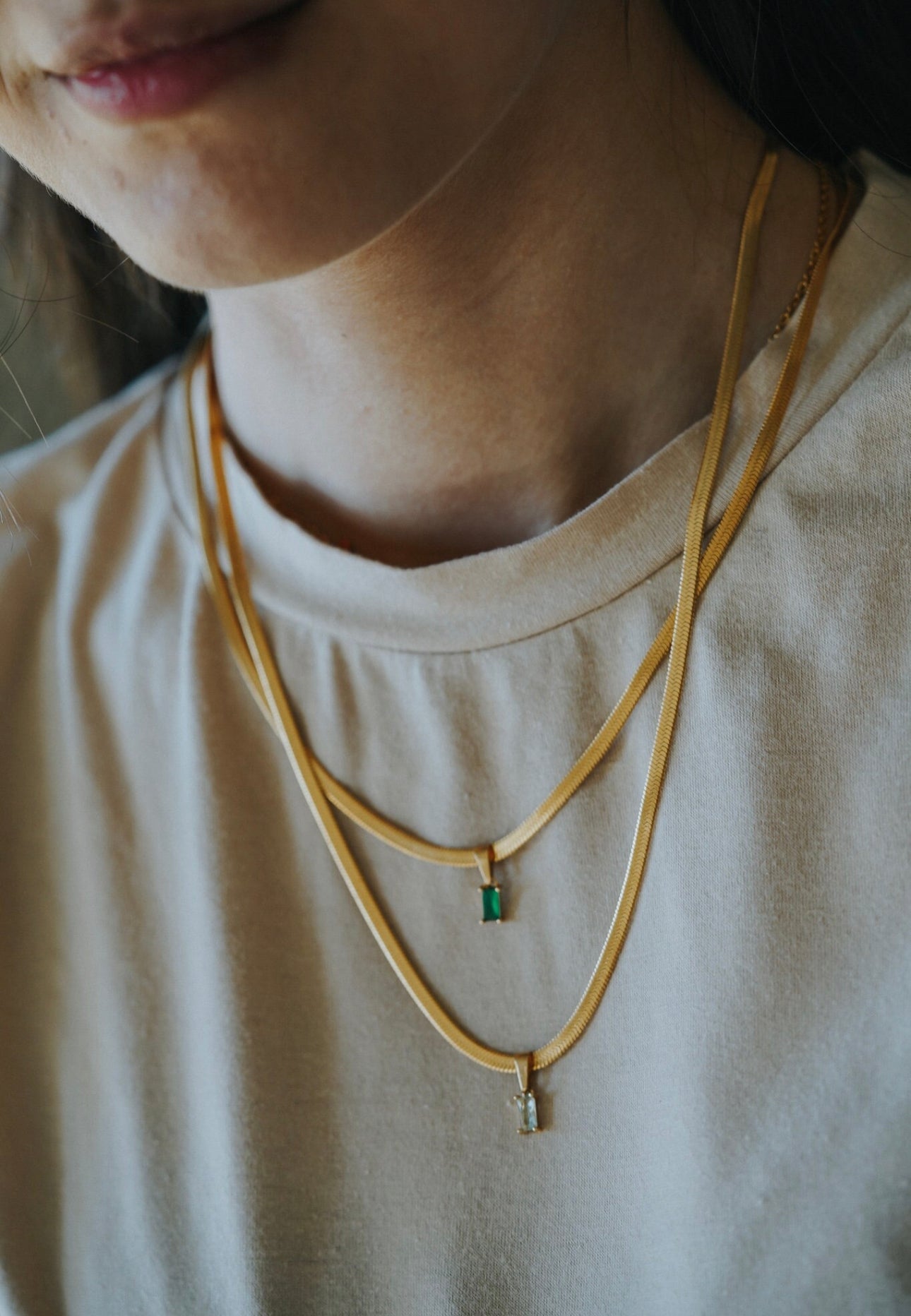 Gold Herringbone Necklace with CZ Stone Necklace