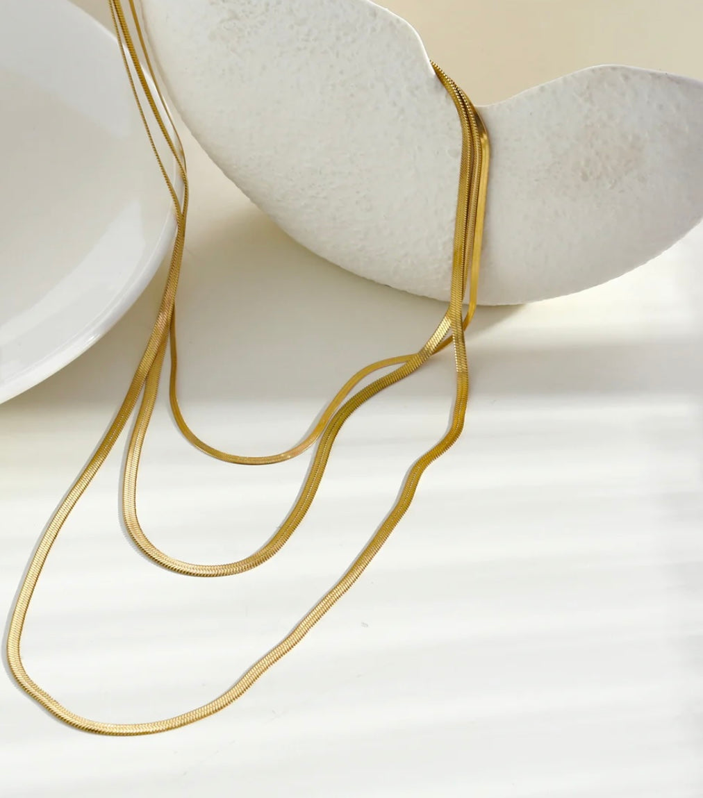 NALA Snake-Skin Textured Triple Layered Gold Necklace