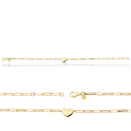 10K Yellow Gold Paperclip Heart Dog-tag Bracelet