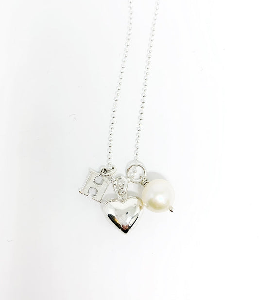 Initial Charm Necklace with heart & pearl charms