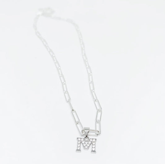 Crystal Initial Necklace on a paperclip chain